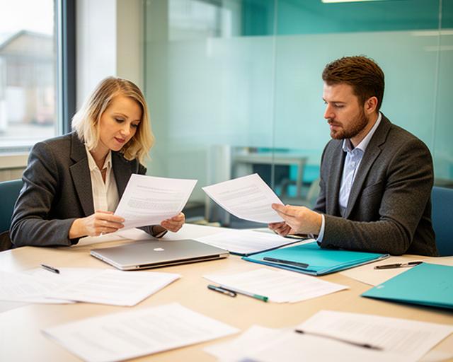 Business advisers reviewing contracts and compliance papers around a meeting table in an Essex office