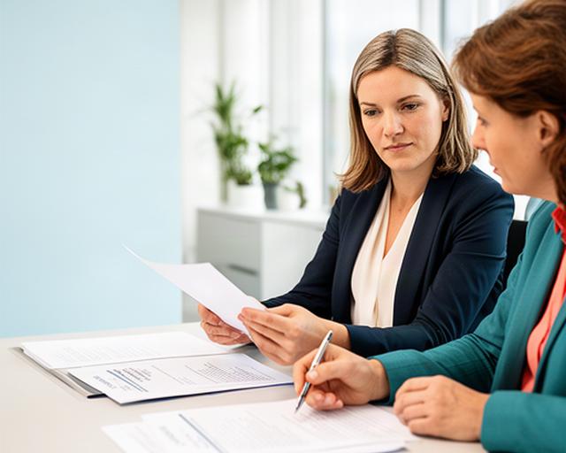 Solicitor and client reviewing employment documents at a bright East Hertfordshire office table