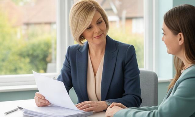 Solicitor reviewing house purchase papers beside a bright window in a Hertfordshire home